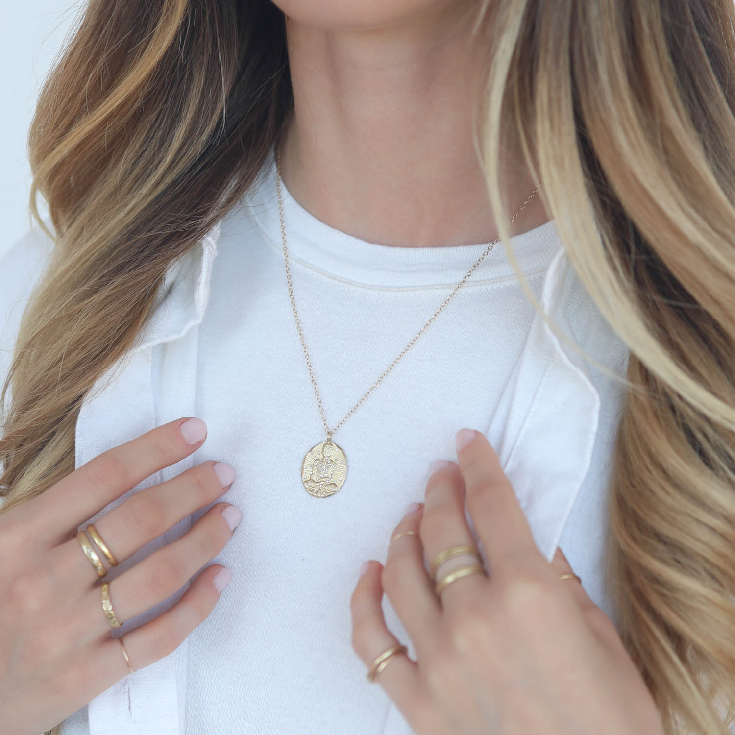 Victoria Cunningham:14k buddha and diamond splash .25 TCW, Chain measures 18 1/2", Pendant measures 1" x 3/4" including bail