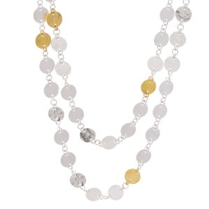 Gurhan: Silver Necklace, Lush all around long necklace in sterling silver layered with 24K gold, with 12 gold flakes, 55" with mini lobster clasp