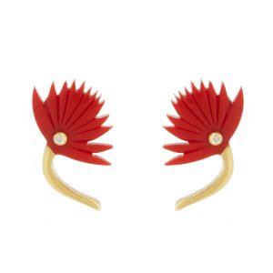 L'atelier Nawbar: Flower Studs- size 2, 18 ct gold earrings encrusted with 0.01 ct diamonds and inlaid with red coral stones.