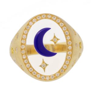 L'atelier Nawbar: Hilal 2.0 Diamond Ring, Handmade 18 ct gold ring encrusted with 0.3 ct of white diamonds and inlaid with lapis stones 4