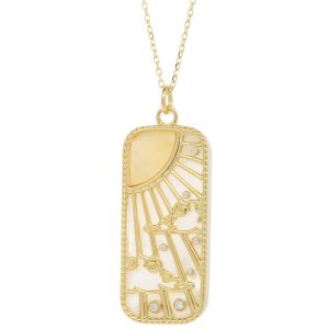 L'atelier Nawbar: Elements of Love- Air Pendant, handmade 18 ct pendant encrusted with 0.15 ct white diamonds and inlaid with handcarved white mother of pearl and yellow mother of pearl stones. Weight: 7 gr