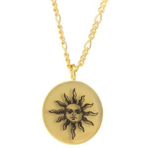 Anzu: Figaro Necklace, - Gold Vermeil, Round setting: Sun, pendant measures 13/16" x 5/8", chain measures 16.5-18" in length