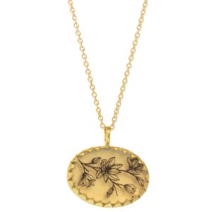 Anzu: Victoria Necklace- Gold Vermeil,  motif : Magnolia, pendant measures 9/16" x 9/16", chain measures 15 1/2" - 16 3/4" in length