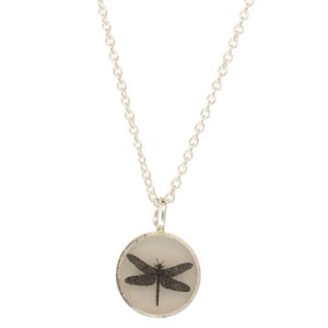 Anzu: Basic Necklace- Sterling Silver Mini Round Setting: Dragonfly, pendant measures 7/16" x 5/16", chain measures 15 3/4" - 17" in length