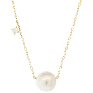 Mizuki: 14kt Necklace 16" 1 Diamond Drop and White Freshwater Pearl 0.05ct