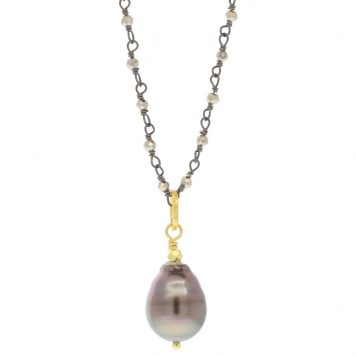 Robindira Unsworth: Fashion necklace, 14k gold vermeil, Oxidized sterling silver, tahitian pearl, pyrite