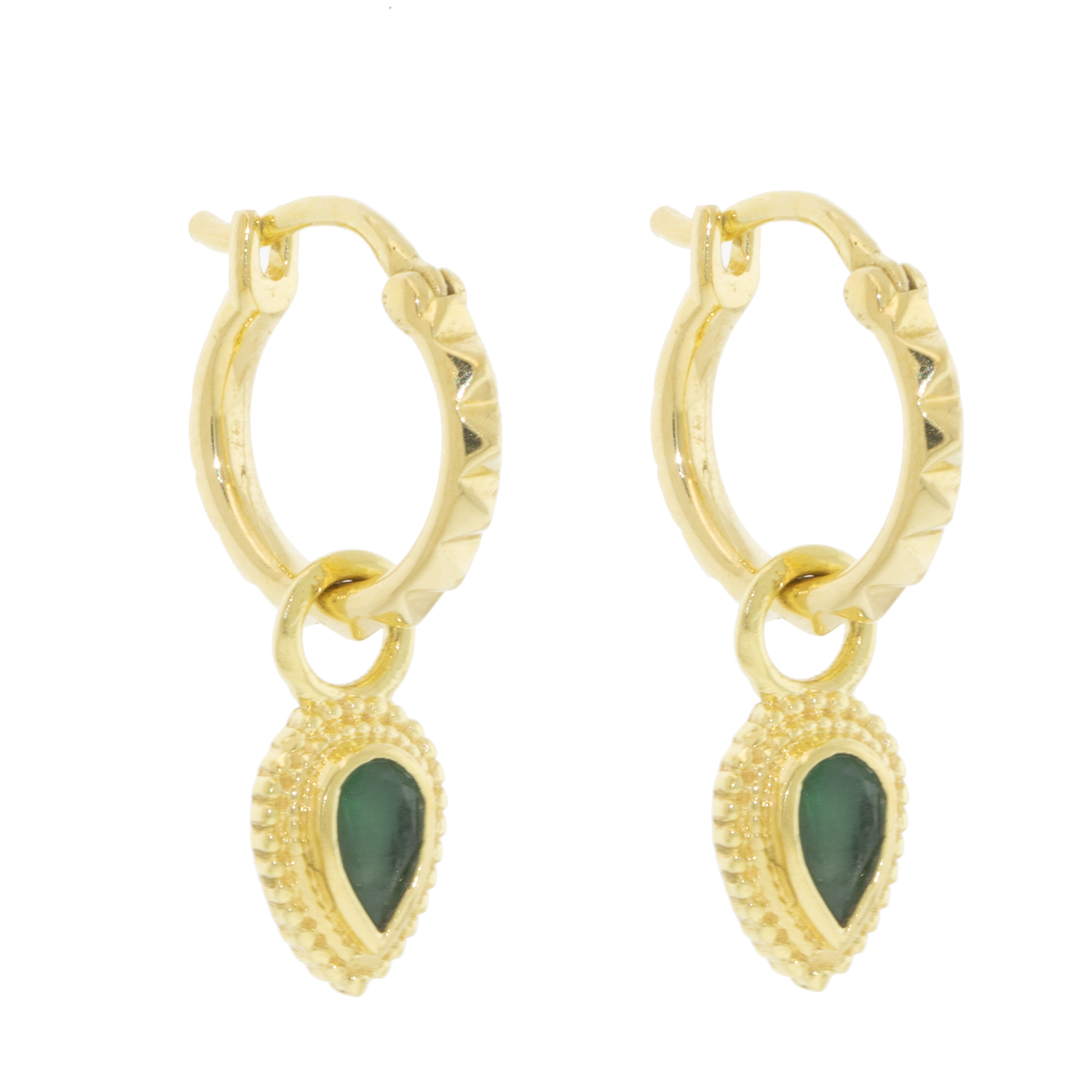 LuLu: Emerald/Pyramid Hoops Ellis Huggies Earrings, enhancers measure 1/2"