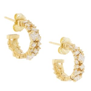 Suzanne Kalan: 18K yg Baguette and Princess Cut Mini Hoop, .15ct round white diamond, 1.3ct baguette and princess cut, 5/8" x 1/4"