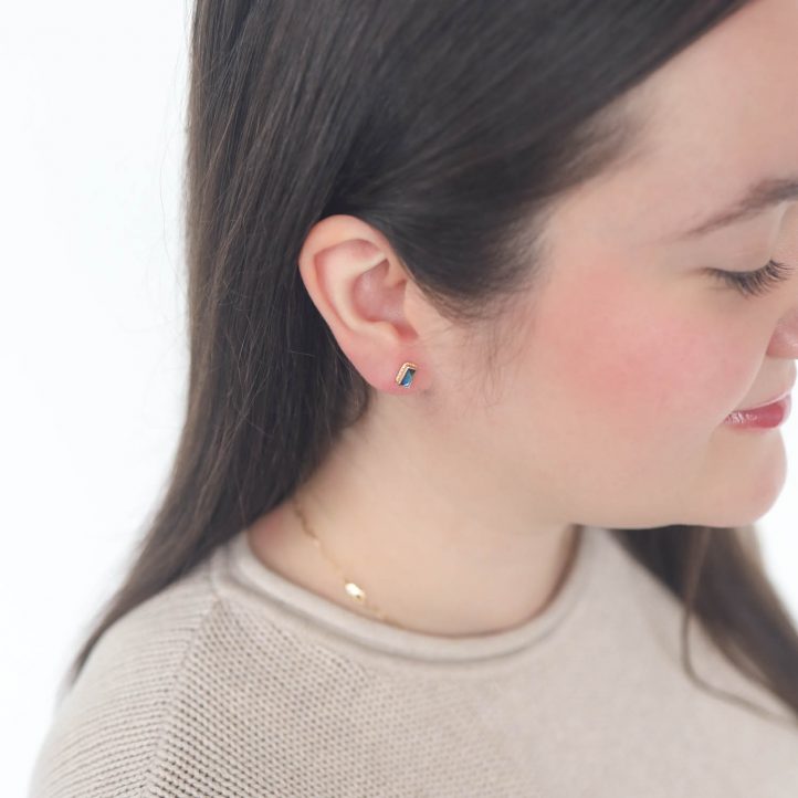 Jamie Joseph: Earrings, Studs rectangular inverted, 14K gold blue rainbow moonstone on ruffled platform