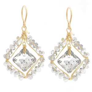 Dana Kellin: 14K Gold-Fill Diamond-Shaped Earrings Plat Crys, 1 3/8 x 13/16