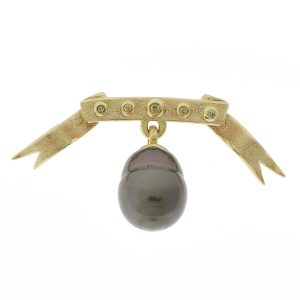 Alison Shiboski: 14k Ribbon Pin with 5 Yellow Diamonds, Tahitian Drop Pearl