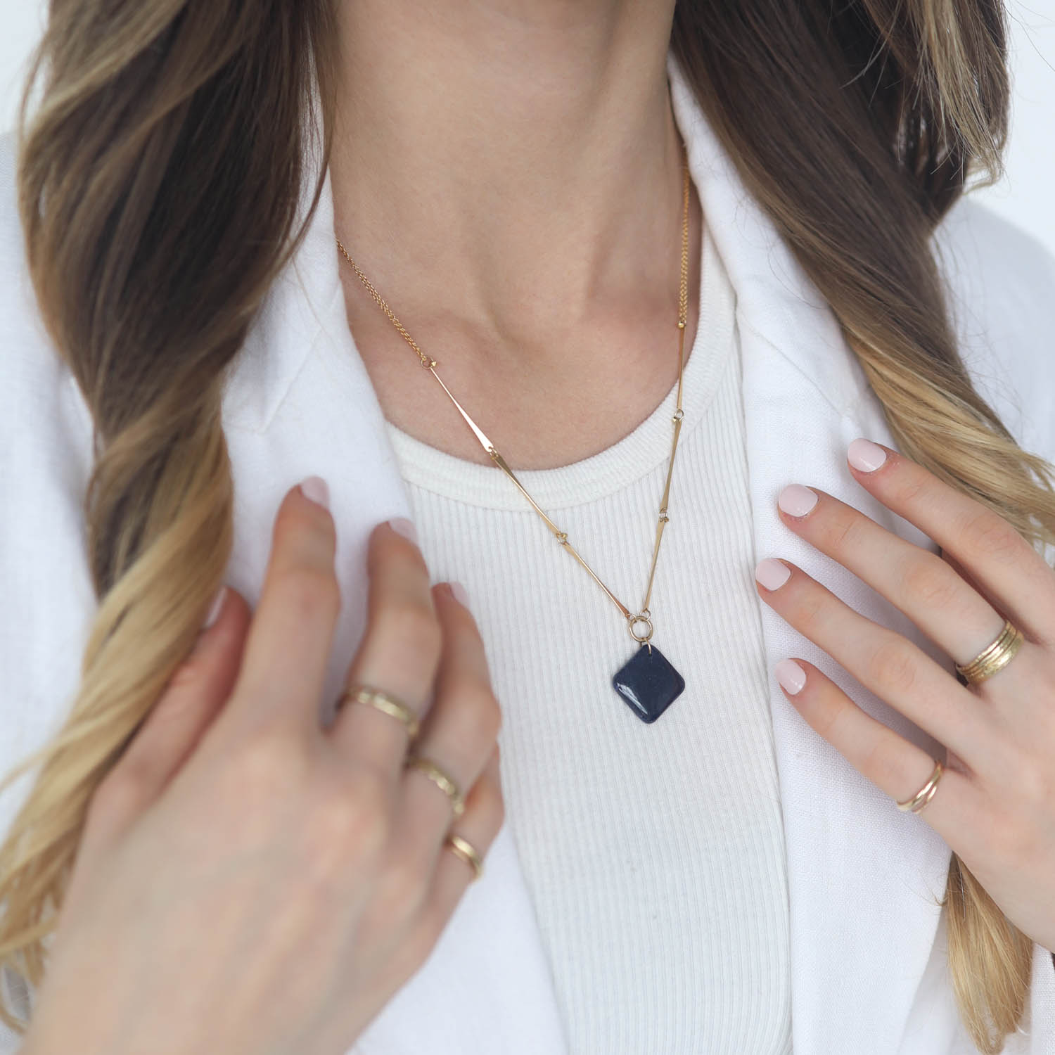 Lulu: Vida Necklace, Blue Sapphire, measures 18" - 20" in length, pendant measures 1 1/8" x 13/16" including bail