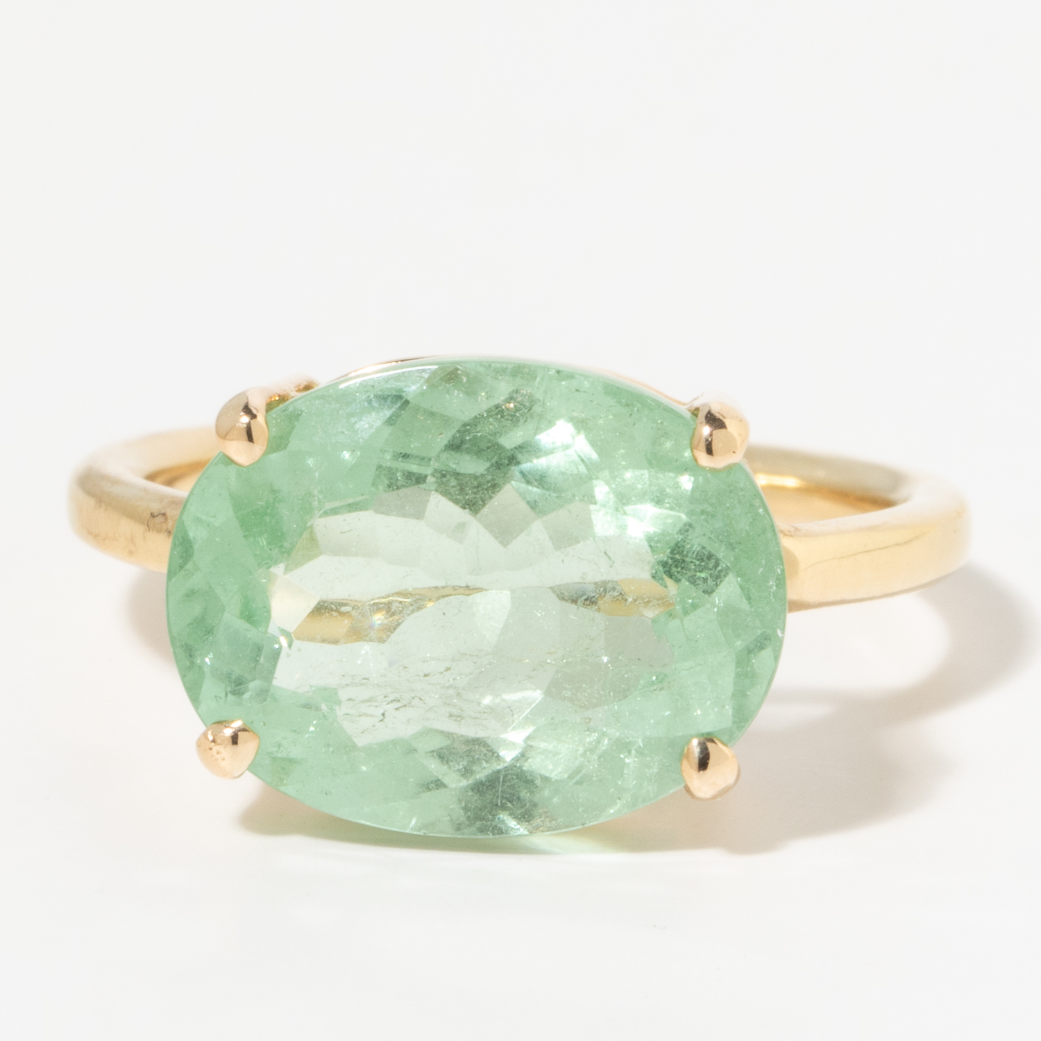 Jamie Joseph: 14K Gold Double Bearing Prong Ring w/ Oval Table Up COLOMBIAN EMERALD on Sand Band, size 7, measures 9/16" x 7/16"