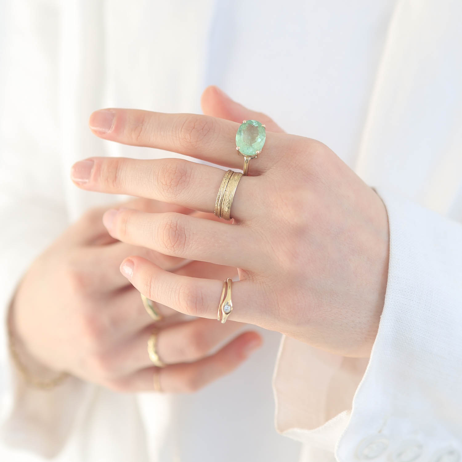 Jamie Joseph: 14K Gold Double Bearing Prong Ring w/ Oval Table Up COLOMBIAN EMERALD on Sand Band, size 7, measures 9/16" x 7/16"