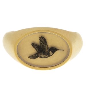 Anzu: Small Oval Signet Ring, Gold Vermeil, Hummingbird Motif, measures 7/16" at widest point, size 5 1/2