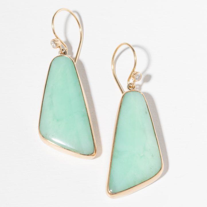 Jamie Joseph Trunk Show: Sterling & 14K Gold Earrings w/ Asymmetrical Smooth CHRYSOPRASE in Sterling Backed Gold Bezel w/ .03ct Diamond Accent (.06 CTW)