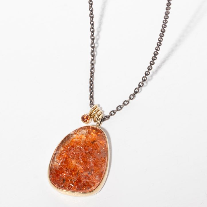 Jamie Joseph Trunk Show: Oxidized Sterling & 14K Gold Necklace w/ Asymmetrical Surface Cut AFRICAN SUNSTONE in Sterling Backed Gold Bezel w/ Orange Sapphire Accent & Sliding Rings (17.5")
