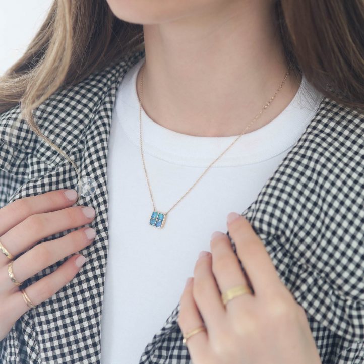 Jamie Joseph Trunk Show: Sterling & 14K Gold Chain Necklace w/ Square Mosaic AUSTRALIAN OPAL & Gold Grout in Sterling Backed Gold Bezel (17.5")