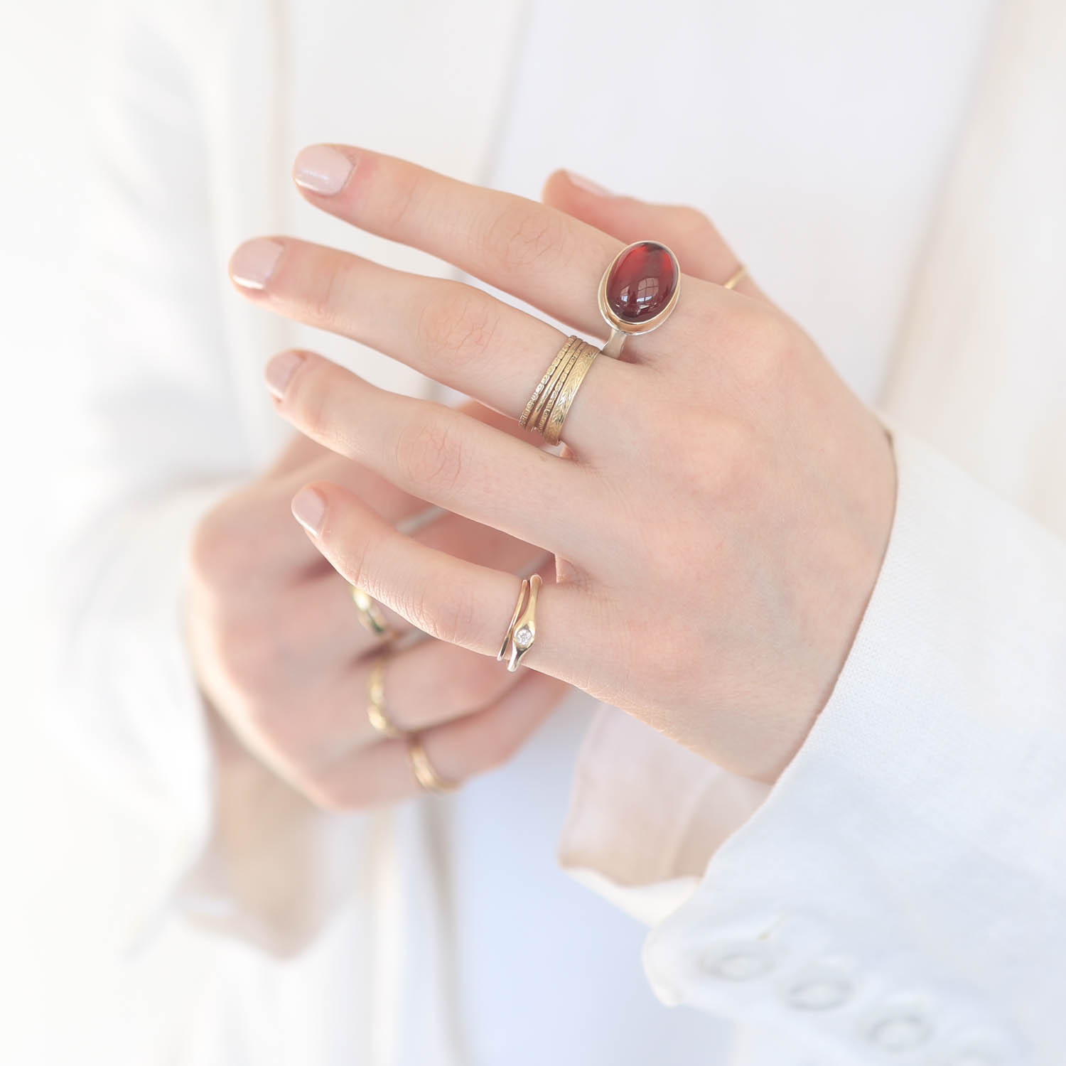 Jamie Joseph Trunk Show 2025: Ring 5, HESSONITE GARNET, size 7.25, measures 11/16" x 1/2"