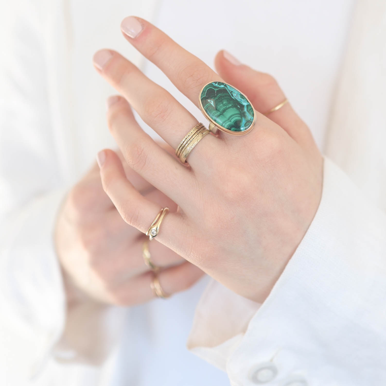 Jamie Joseph Trunk Show 2025: Ring 154, CHRYSOCOLLA-AZURITE-MALACHITE, size 7.75, 1 1/16" x 11/16"