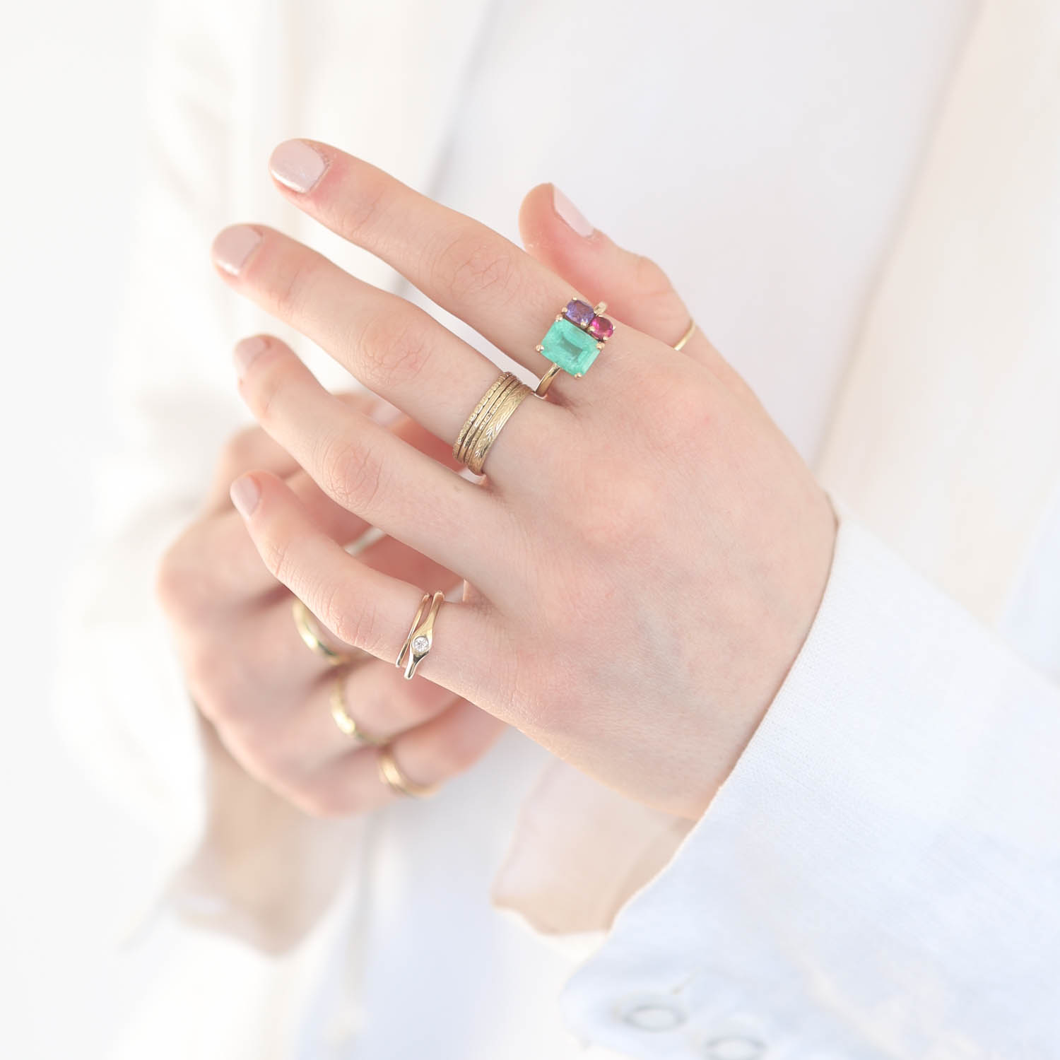 Jamie Joseph Trunk Show 2025: Ring 306, 14K gold, EMERALD, PURPLE SAPPHIRE, PINK TOURMALINE, size 6.75, 1/2" x 3/8"