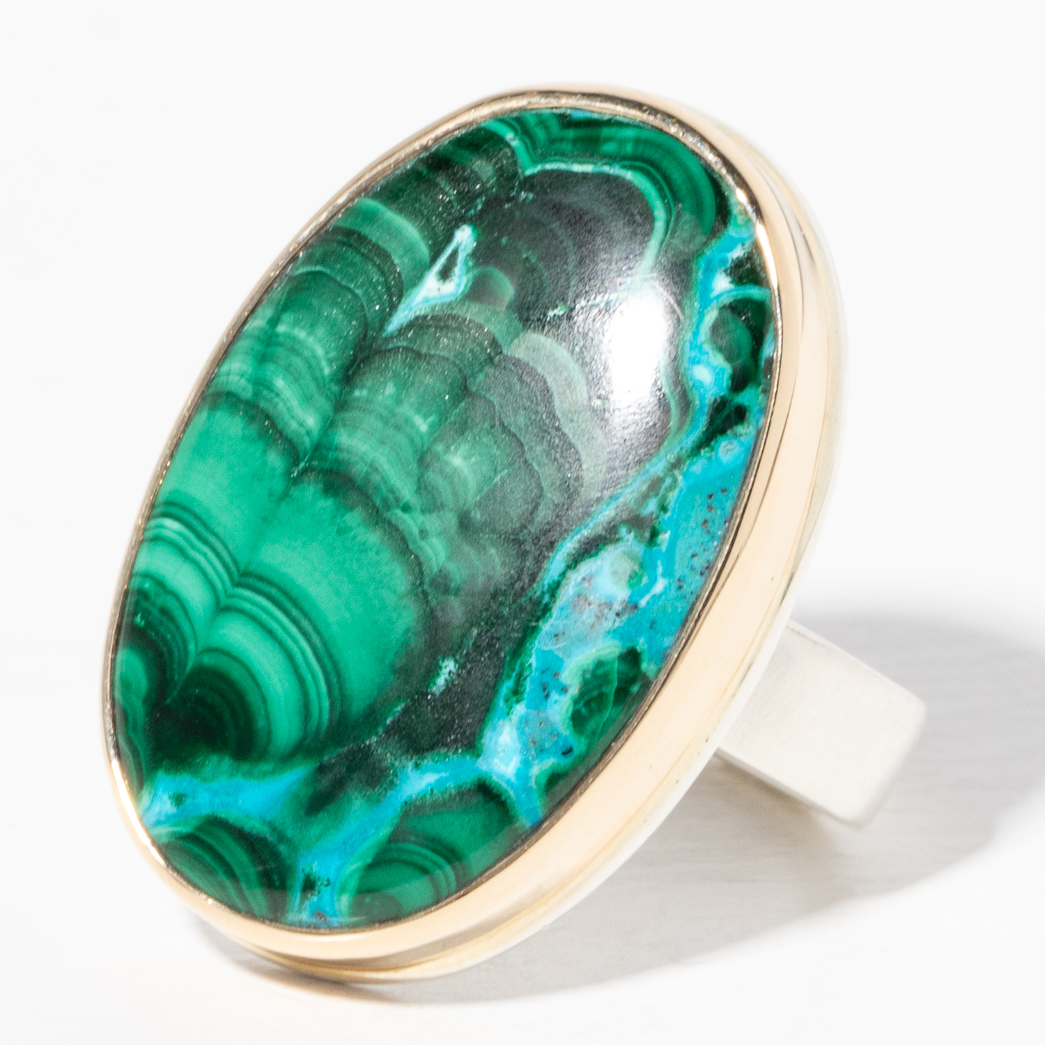 Jamie Joseph Trunk Show 2025: Ring 154, CHRYSOCOLLA-AZURITE-MALACHITE, size 7.75, 1 1/16" x 11/16"
