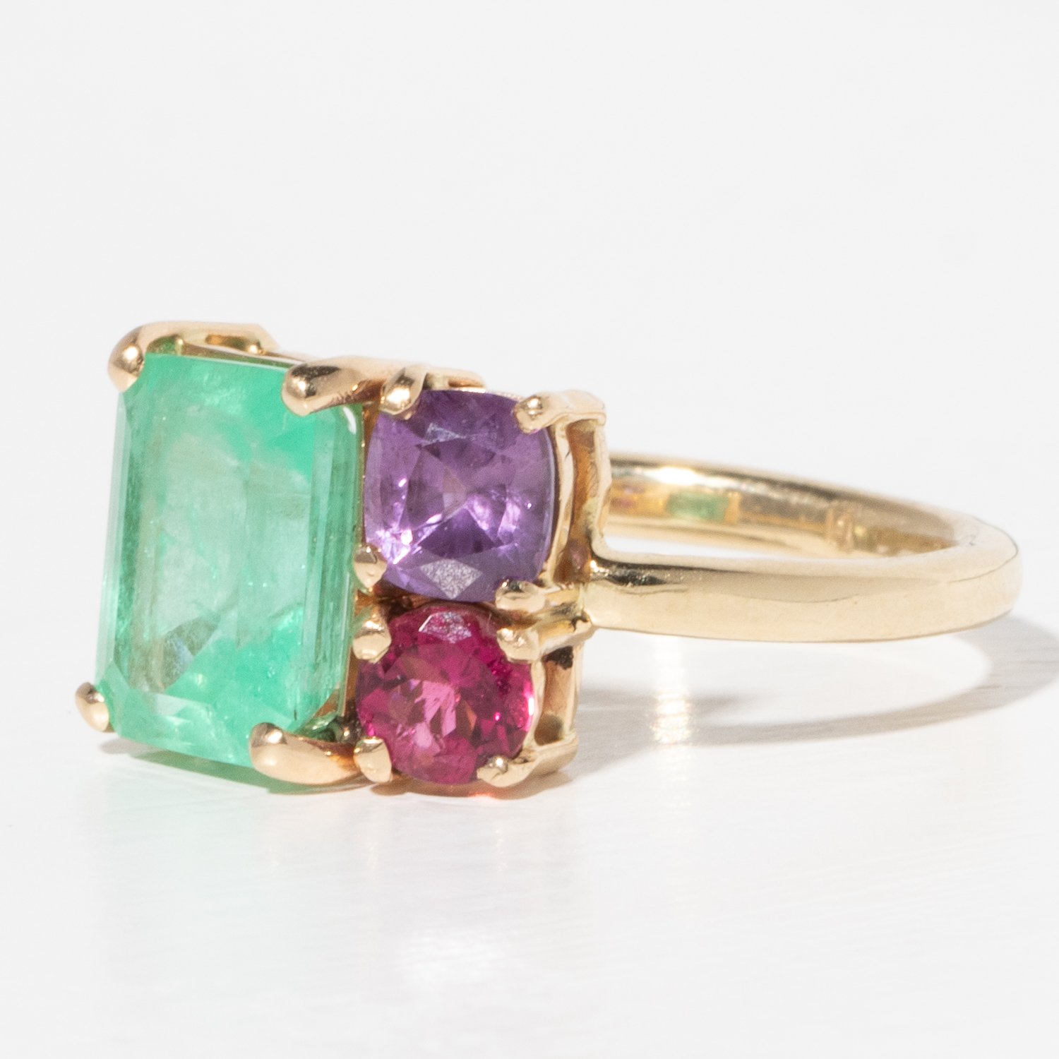 Jamie Joseph Trunk Show 2025: Ring 306, 14K gold, EMERALD, PURPLE SAPPHIRE, PINK TOURMALINE, size 6.75, 1/2" x 3/8"