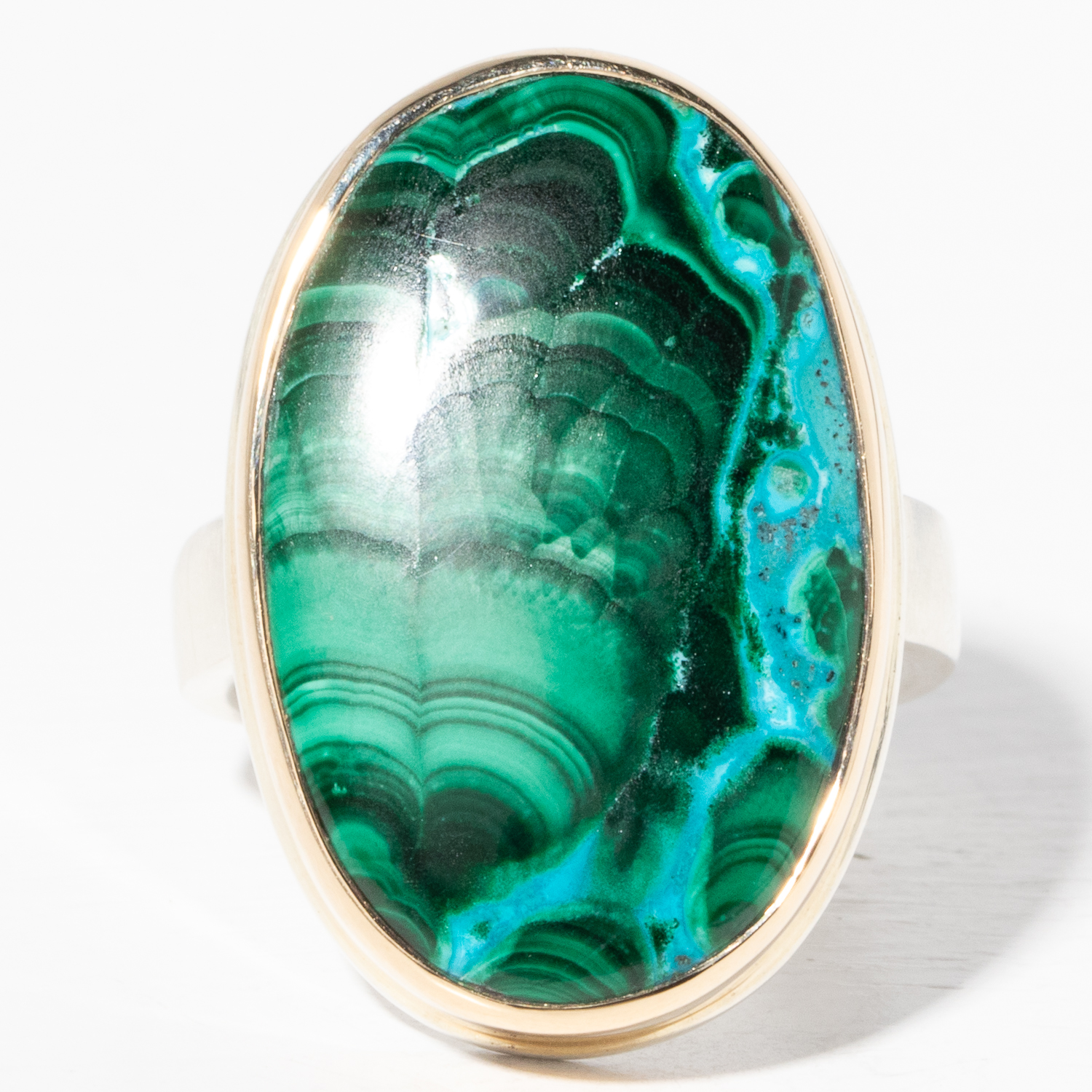 Jamie Joseph Trunk Show 2025: Ring 154, CHRYSOCOLLA-AZURITE-MALACHITE, size 7.75, 1 1/16" x 11/16"