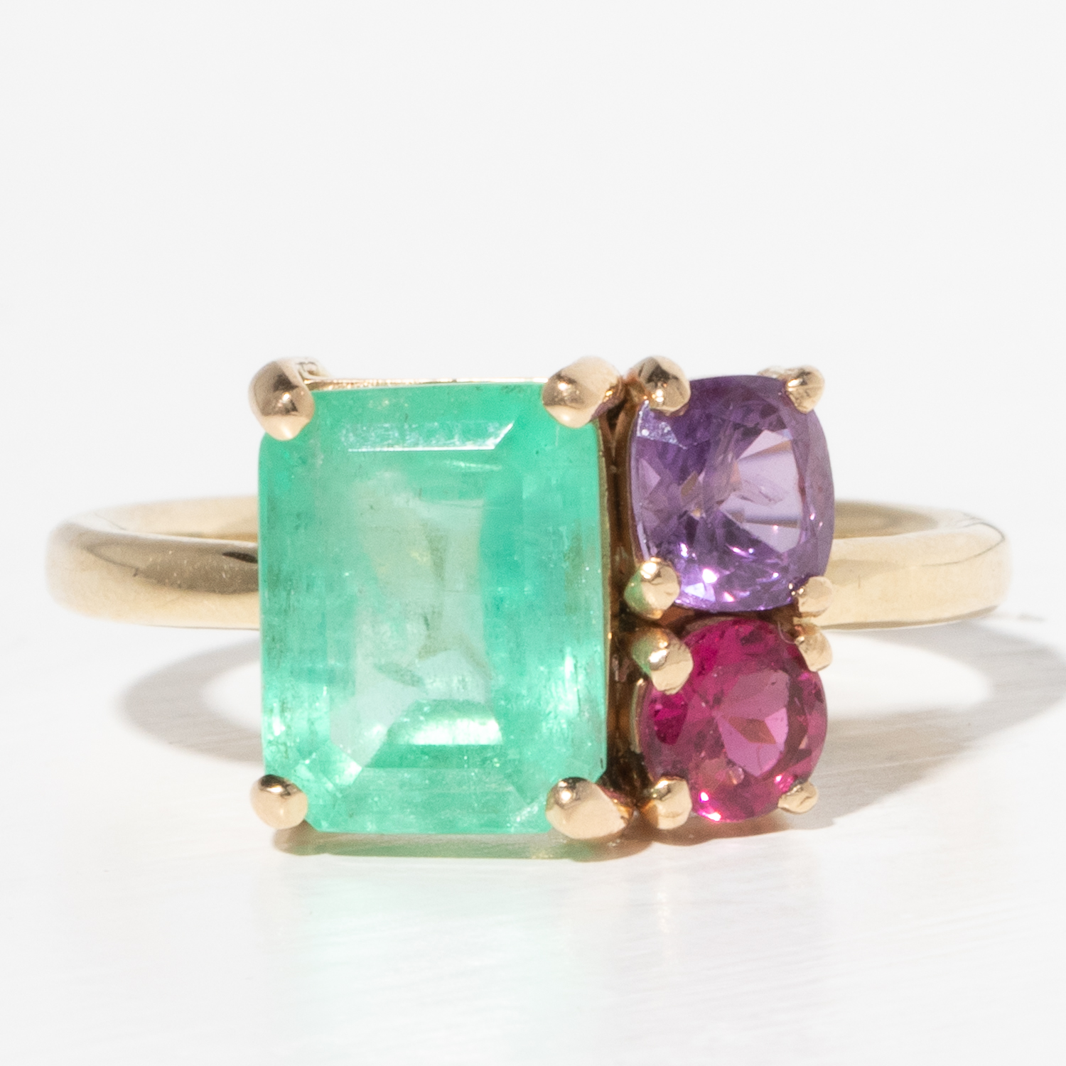Jamie Joseph Trunk Show 2025: Ring 306, 14K gold, EMERALD, PURPLE SAPPHIRE, PINK TOURMALINE, size 6.75, 1/2" x 3/8"