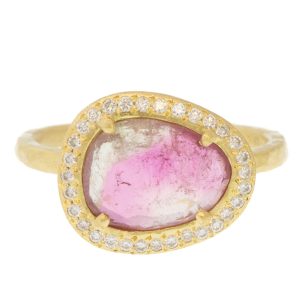 Yasuko Azuma: Ring, 1.78 bi-color tourmaline, .19 diamond halo, 18kyg, size 6.5