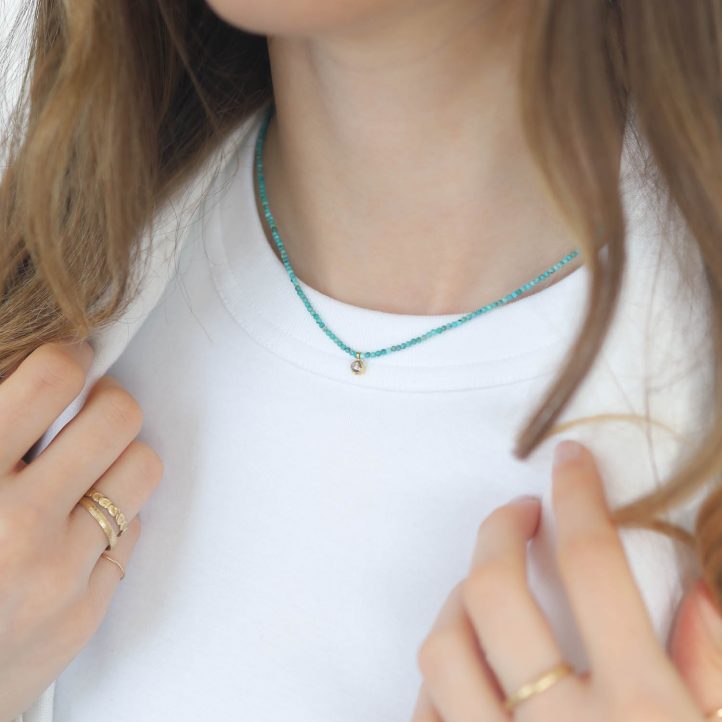Margret Solow :Beaded necklace,Turquoise,Diamond 18k, 16" in length, pendant measures 1/4" x 1/8"