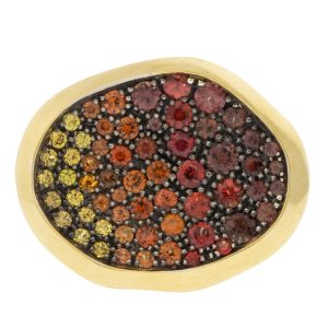 Ray Griffiths: 18k yellow gold Crownwork asymmetric bezel set autumnal pave sapphires set in oxidized silver - 18K G/Sapphire 2.45Cts