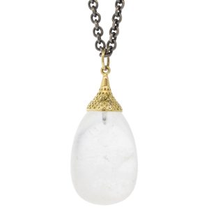 Ray Griffiths: 18K Yellow gold small finial top with crystal quartz egg pendant on oxidized silver cable chain and lily pad clasp