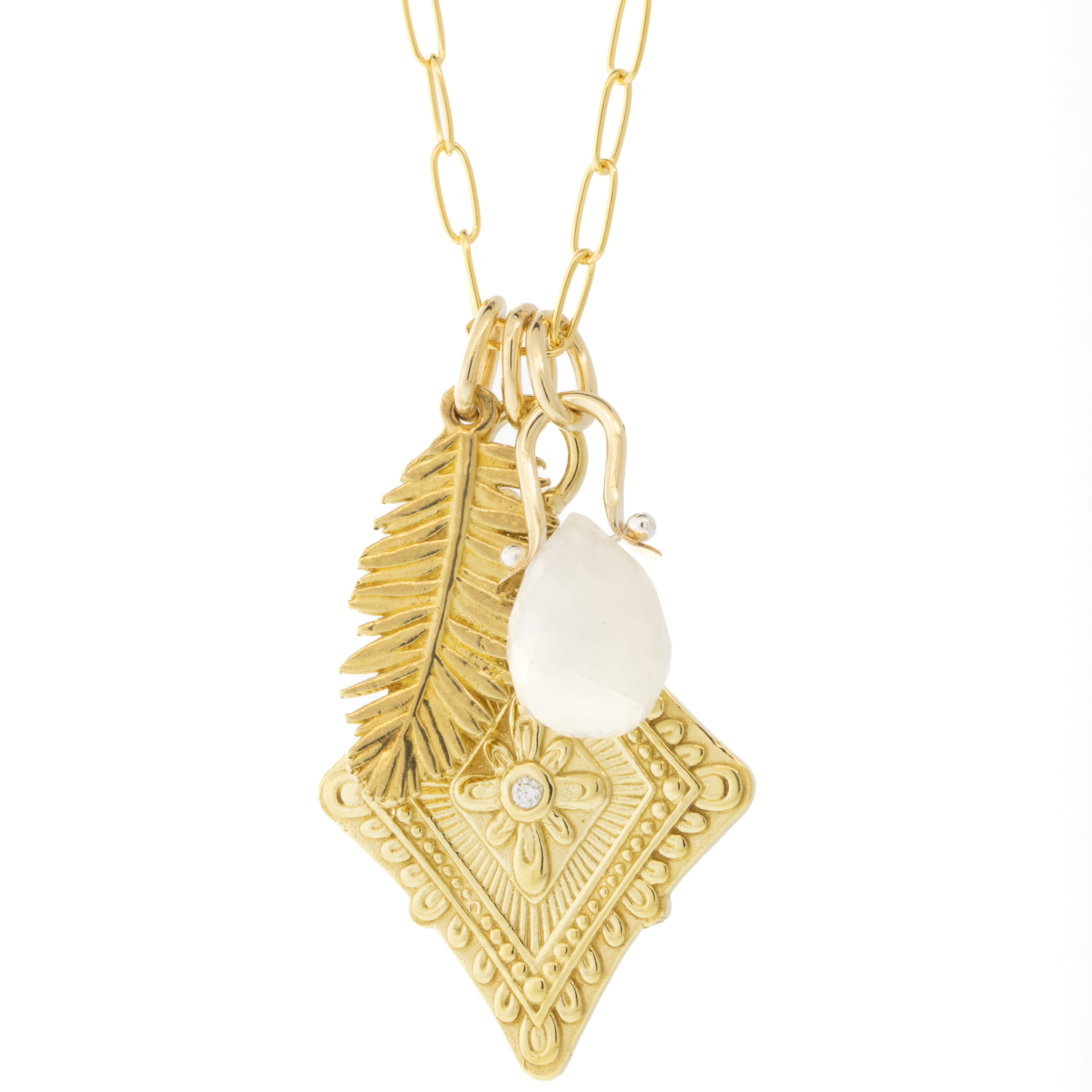 Lulu Designs: Portal Charm Necklace, Yellow Bronze, White Moonstone big pen 1 1/4 x 13/16, 17-19