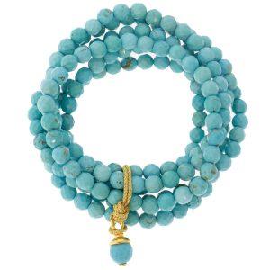 Catherine Canino: SMOOTH TURQUOISE , Stretchy bracelet set with gold cord & Button closure ,polished 14k gold over brass
