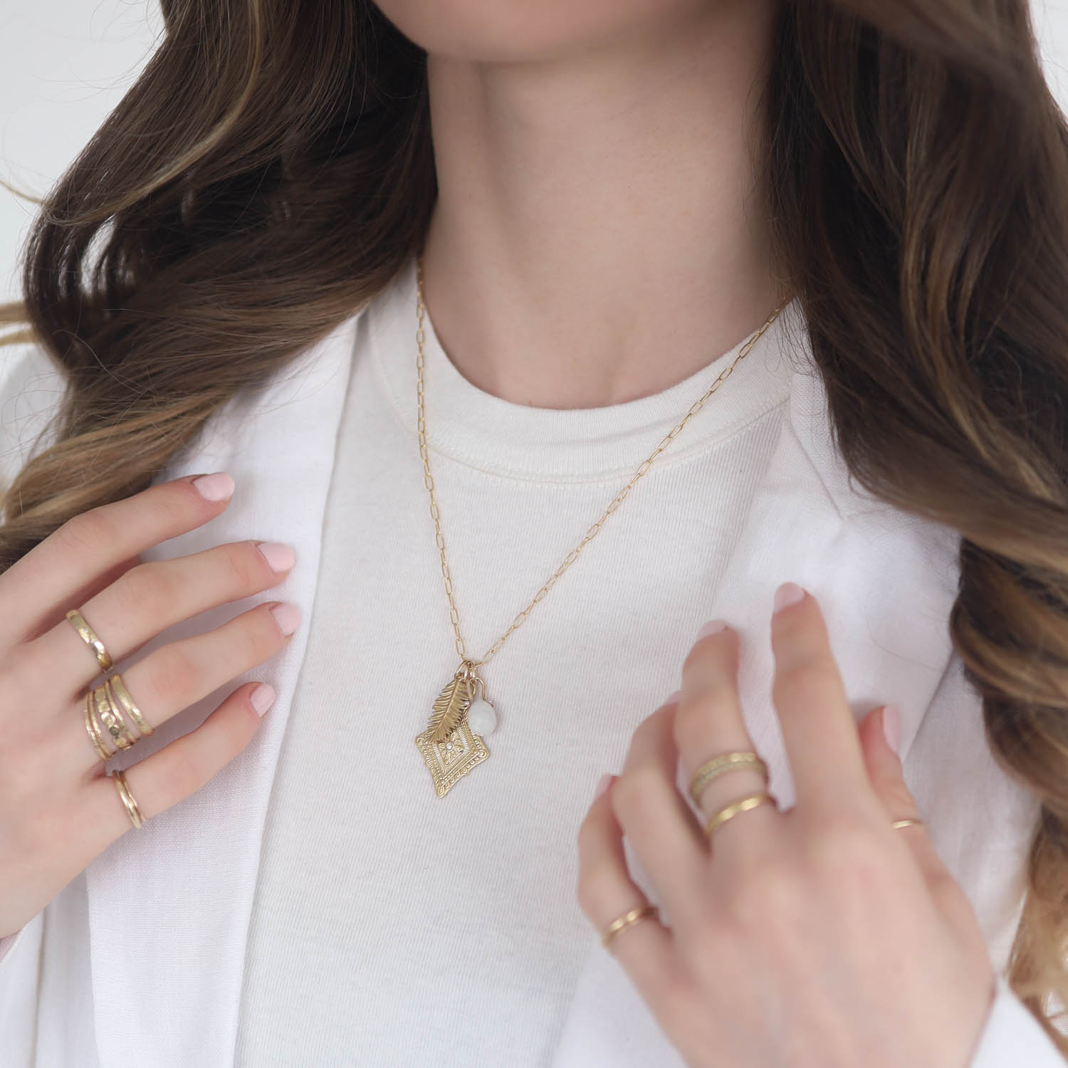 Lulu Designs: Portal Charm Necklace, Yellow Bronze, White Moonstone big pen 1 1/4 x 13/16, 17-19