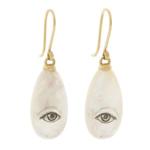 Hannah Blount: Small Lover's Eye Mother of Pearl Scrimshaw Earrings 1 1/4 x 3/8