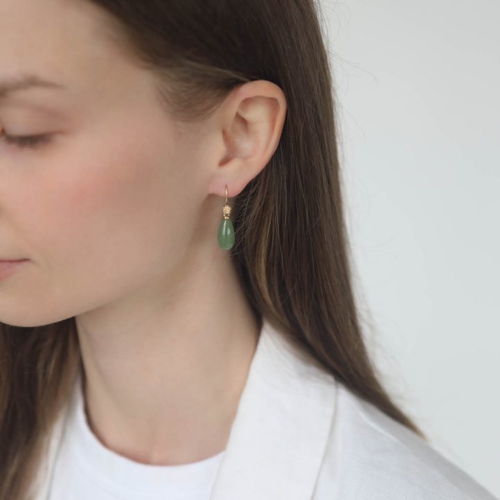 Hannah Blount: Evergreen Jade Garden Earrings - 14k Yellow Gold 1 3/16 x 5/16