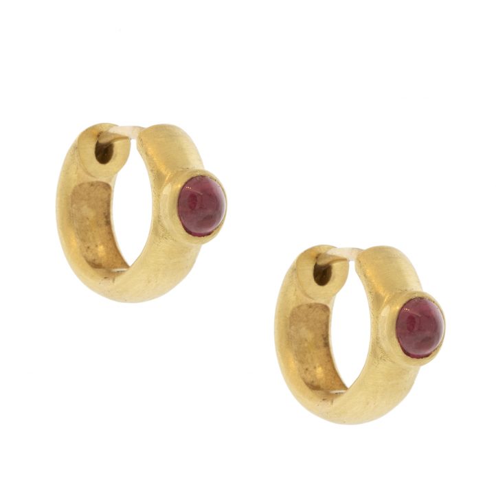 Erica Molinari Trunk Show: 18k Med satin brushed huggie set with Burmese ruby Cabs -.50cts