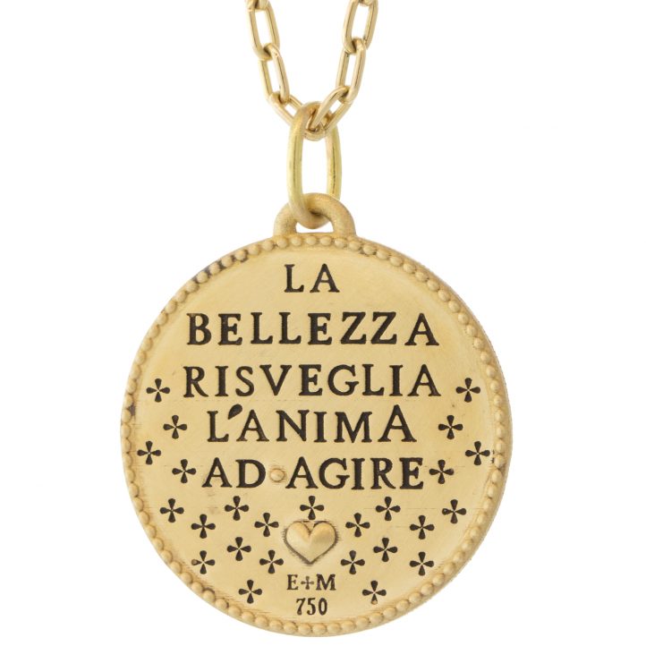 Erica Molinari Trunk show : 18K XL round Hand engraved Floral double heart and Arrow - "Beauty awakens the soul to act" _-DANTE