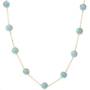 Campbell + Charlotte: Found Cabachon Station Necklace, Pink Sapphire & Turquoise, 14k Gold