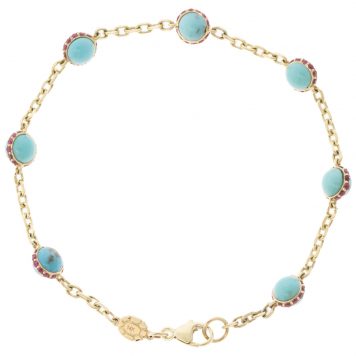 Campbell + Charlotte: Found Cabachon Station Bracelet, Pink Sapphire & Turquoise, 14k Gold