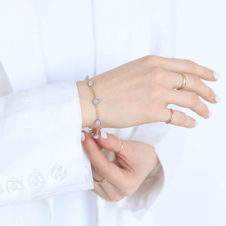 Campbell + Charlotte: Found Cabachon Station Bracelet, Blue Sapphire & Blue Lace Agate, 14k Gold