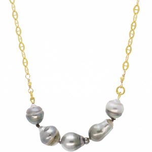 Robindira Unsworth: Fashion Necklace, 14k gold vermeil, 5 Tahitian Pearls on silk cord