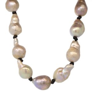 Robindira Unsworth: Fashion Necklace, 14k gold vermeil, Freshwater Pearl and Mother of Pearl Buttons on Black Leather Cord