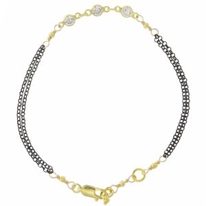 Robindira Unsworth: Fashion Bracelet, 14k gold vermeil, oxidized SS double-strand chain, Triple CZ