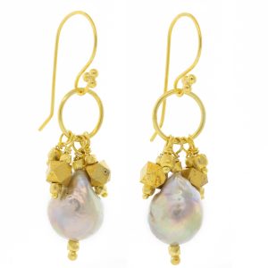 Robindira Unsworth: Fashion Earrings, 14k gold vermeil, Freshwater Light Grey Pearls w/ gold plated brass dangles