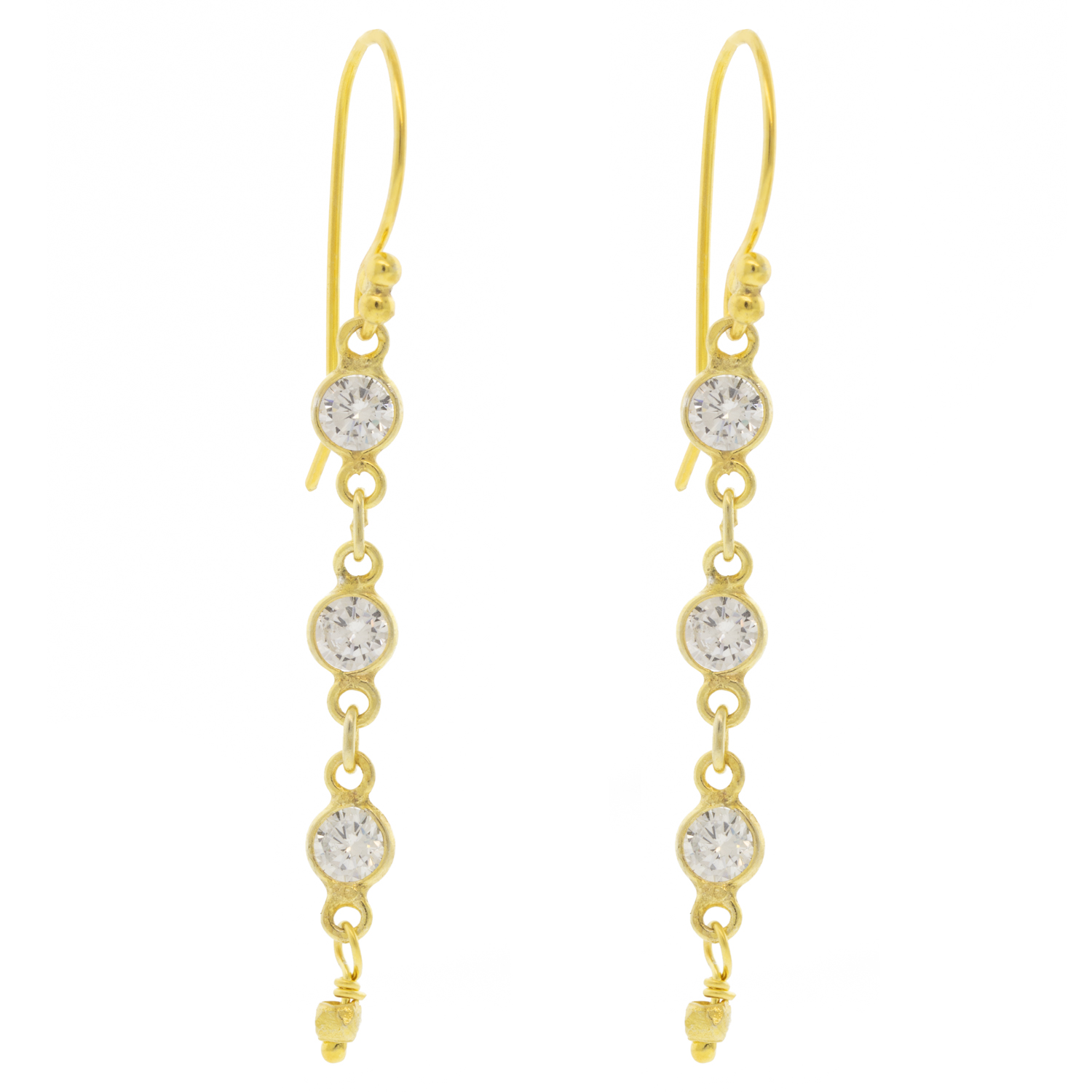 Robindira Unsworth: CZ Earrings, 14k gold vermeil, Small Triple CZ Dangle