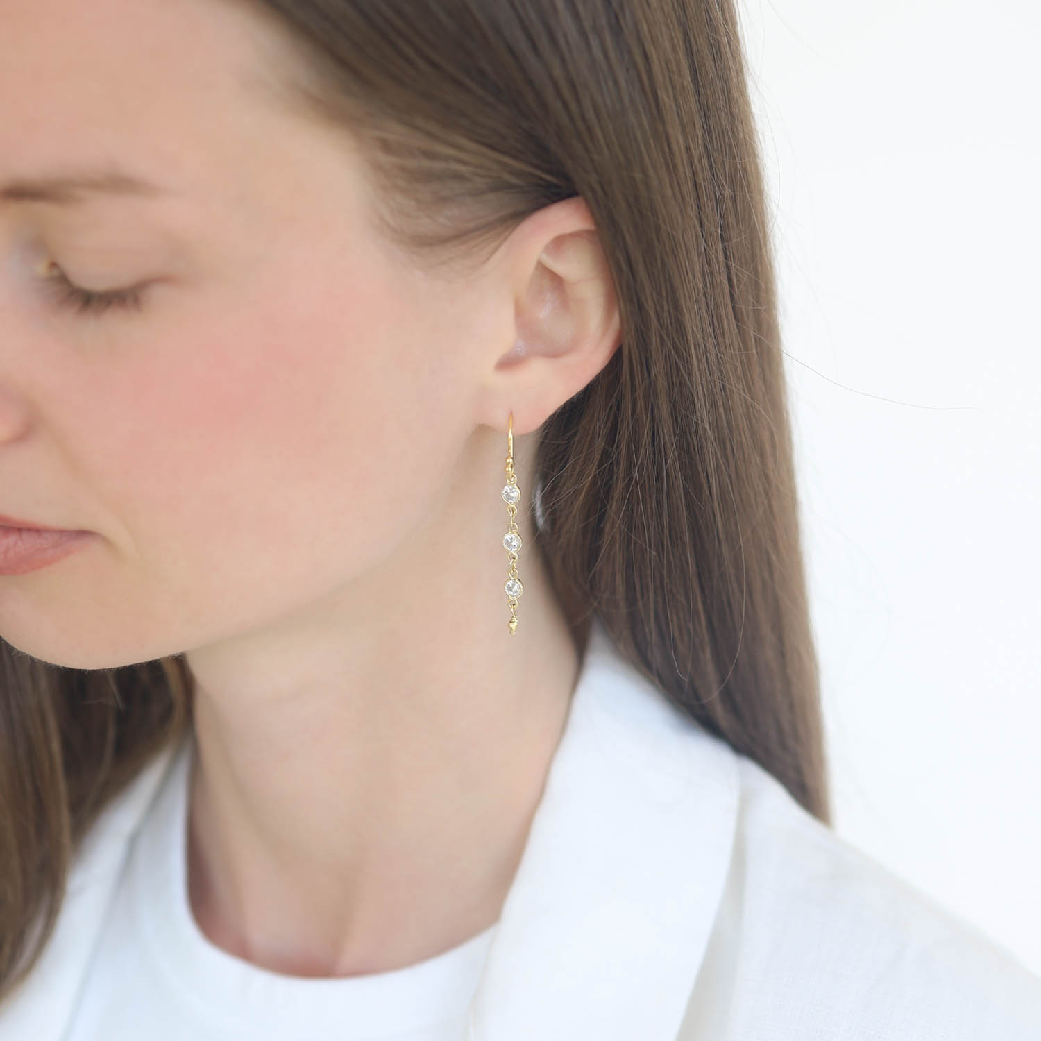 Robindira Unsworth: CZ Earrings, 14k gold vermeil, Small Triple CZ Dangle