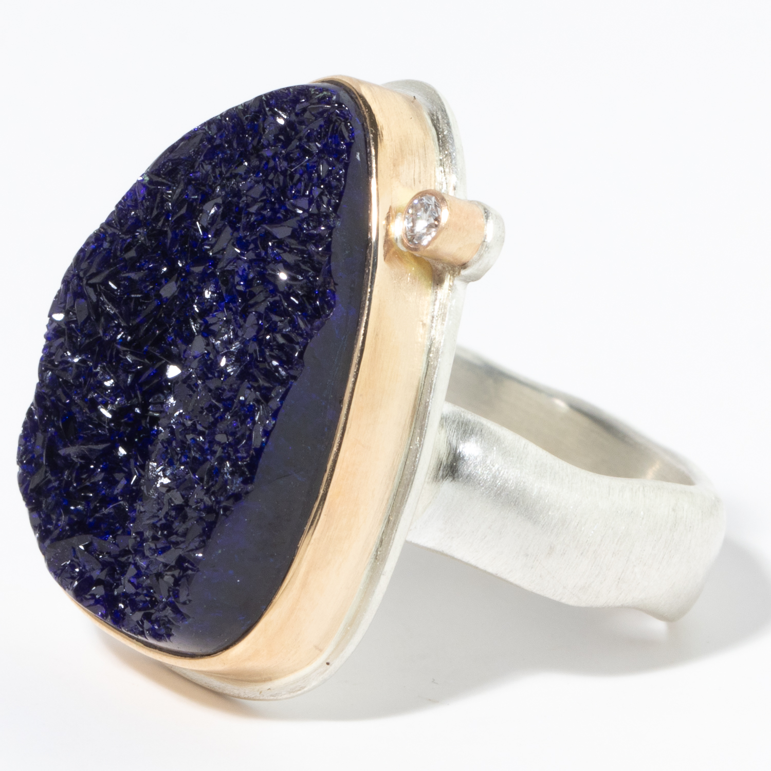 Jamie Joseph: Sterling & 14K Gold Ring w/ Vertical Asymmetrical Surface Cut AZURITE & .03 ct Satellite Diamond on Groovy Band, Size 7 1/4